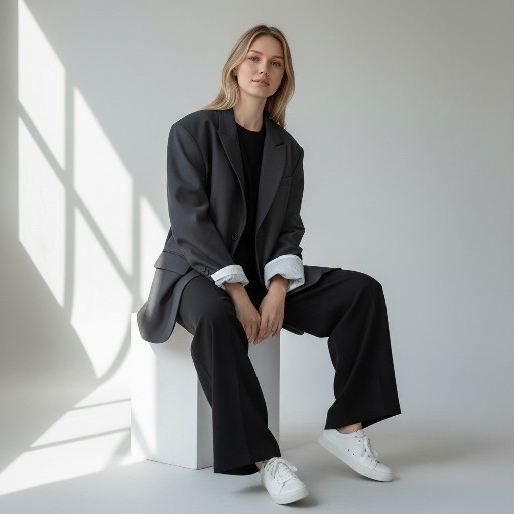 Blazer noir manches retroussées – Chic décontracté