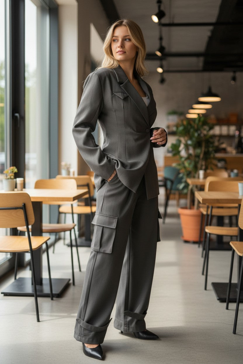 Ensemble Blazer, pantalon cargo gris pochette