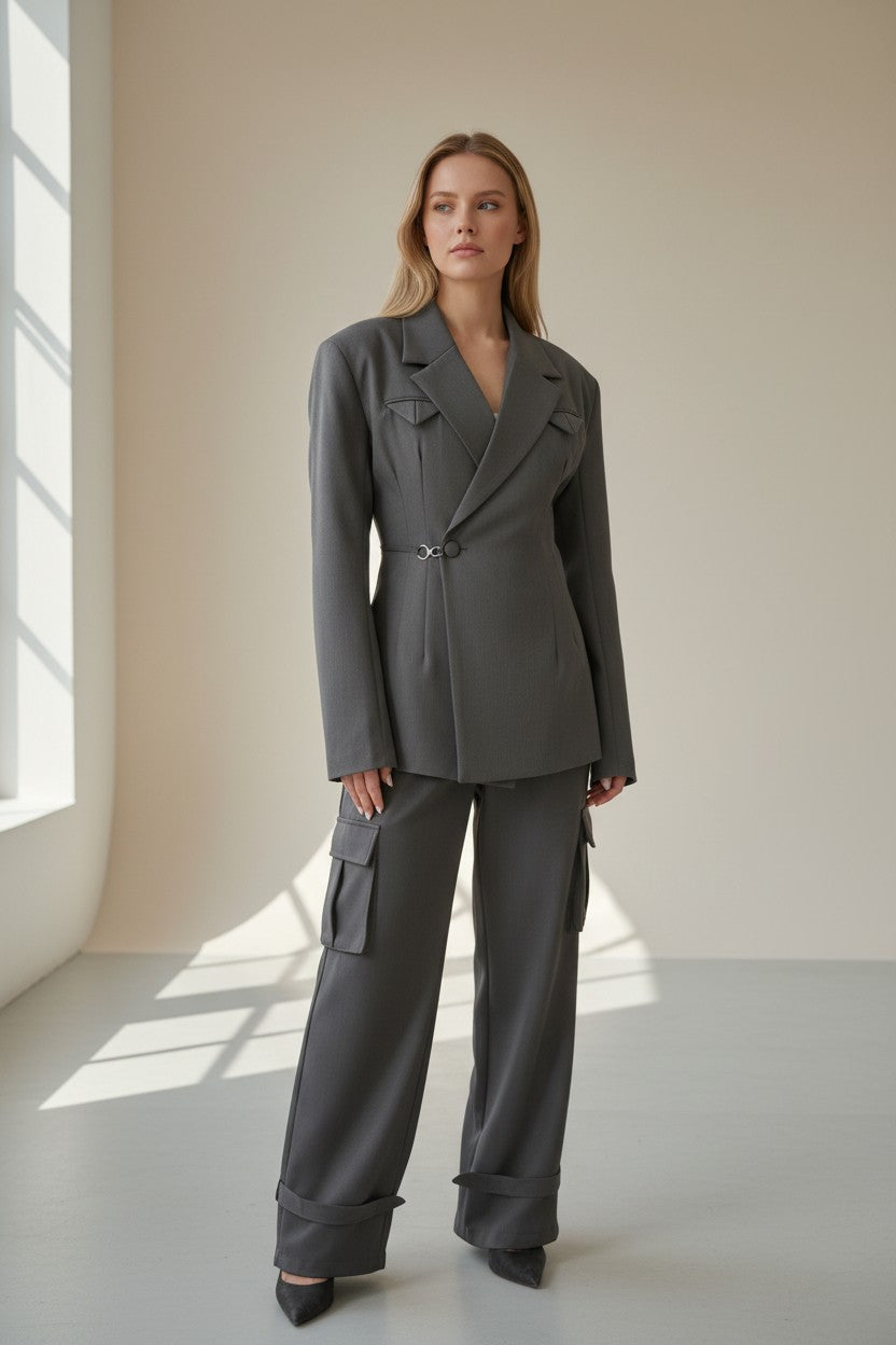 Ensemble Blazer, pantalon cargo gris pochette