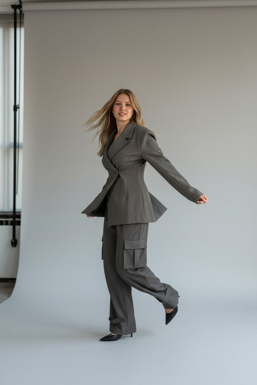 Ensemble Blazer, pantalon cargo gris pochette