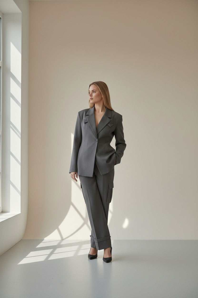 Ensemble Blazer, pantalon cargo gris pochette