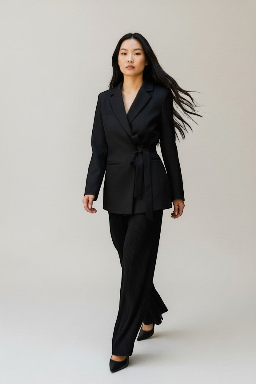 Blazer noir à nouer – Féminité et élégance