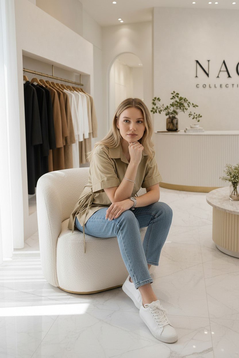 Chemise Oversize Beige Manches Courtes - Cordons de Serrage Taille - Coupe Fluide - NAC Collection