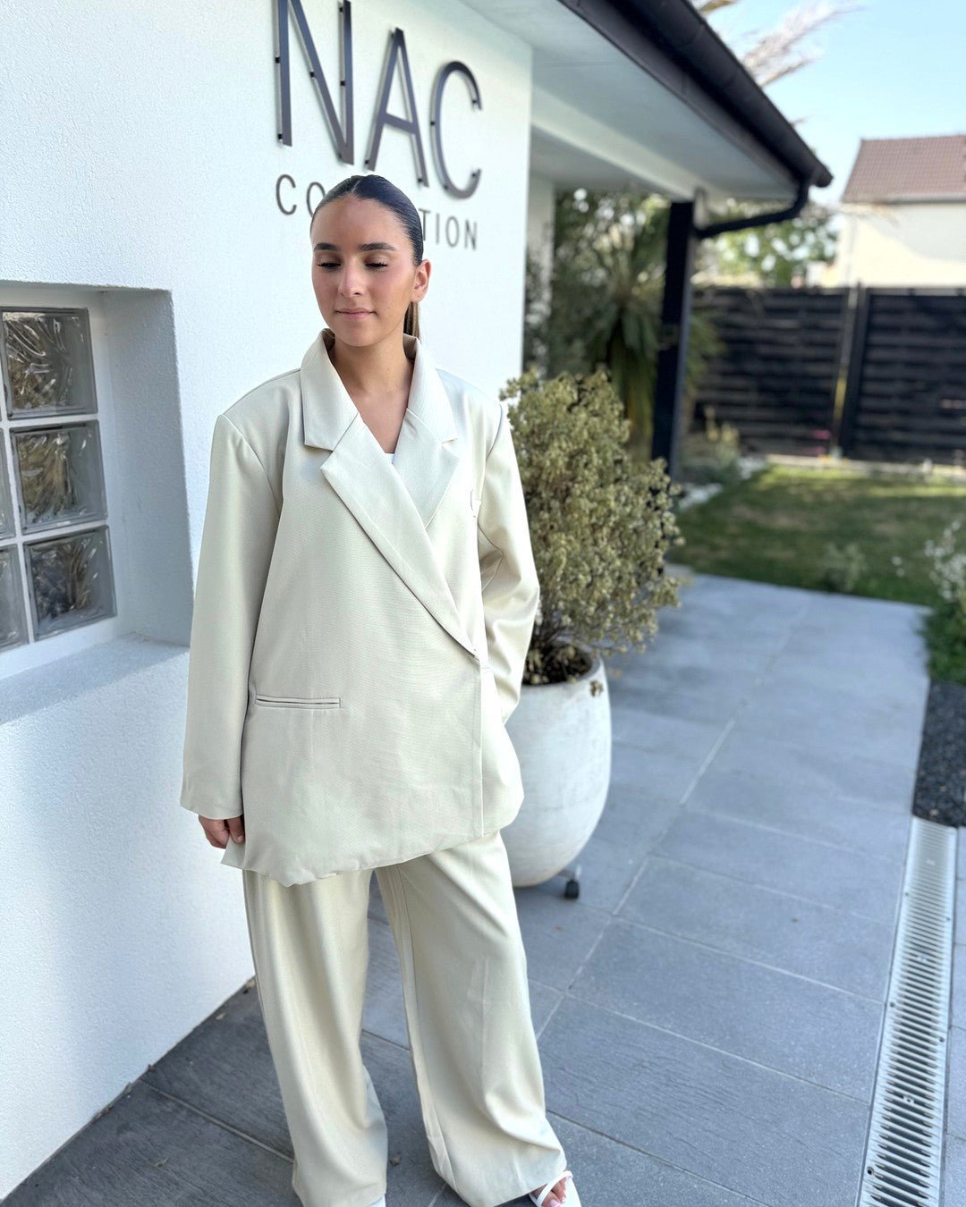 Ensemble blazer oversize et pantalon large vert d'eau - Modèle OPALINE - NAC Collection