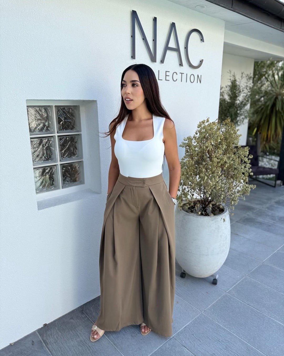 Pantalon large à plis taille haute kaki - Modèle PLEAT - NAC Collection