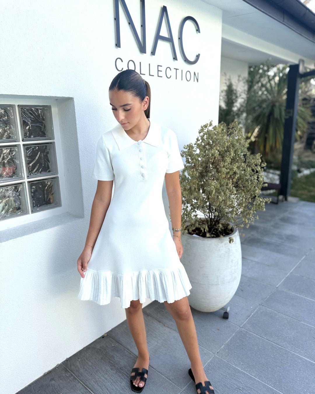 Robe maille polo blanche évasée. Modèle PERLE - NAC Collection