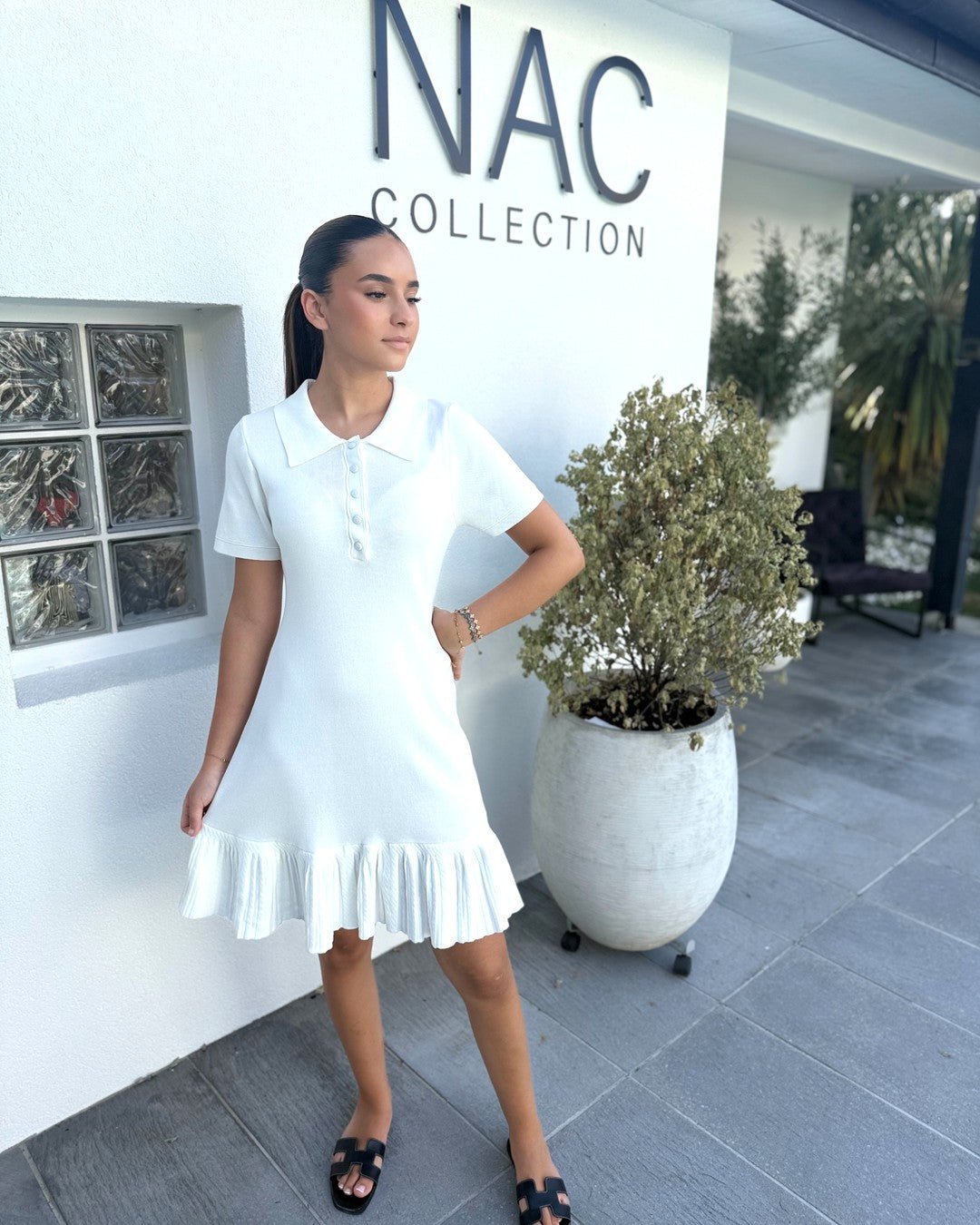 Robe maille polo blanche évasée. Modèle PERLE - NAC Collection