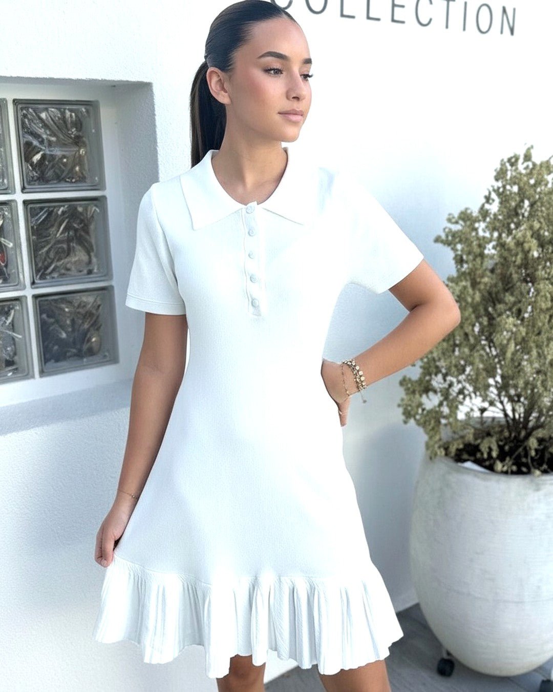 Robe maille polo blanche évasée. Modèle PERLE - NAC Collection