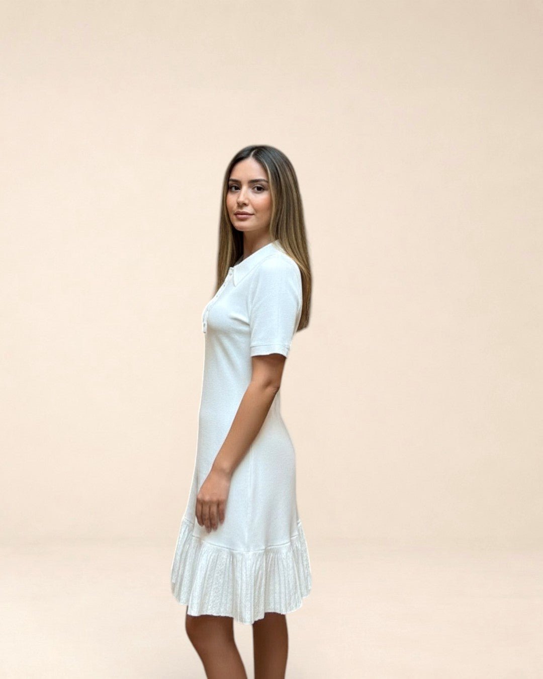 Robe maille polo blanche évasée. Modèle PERLE - NAC Collection