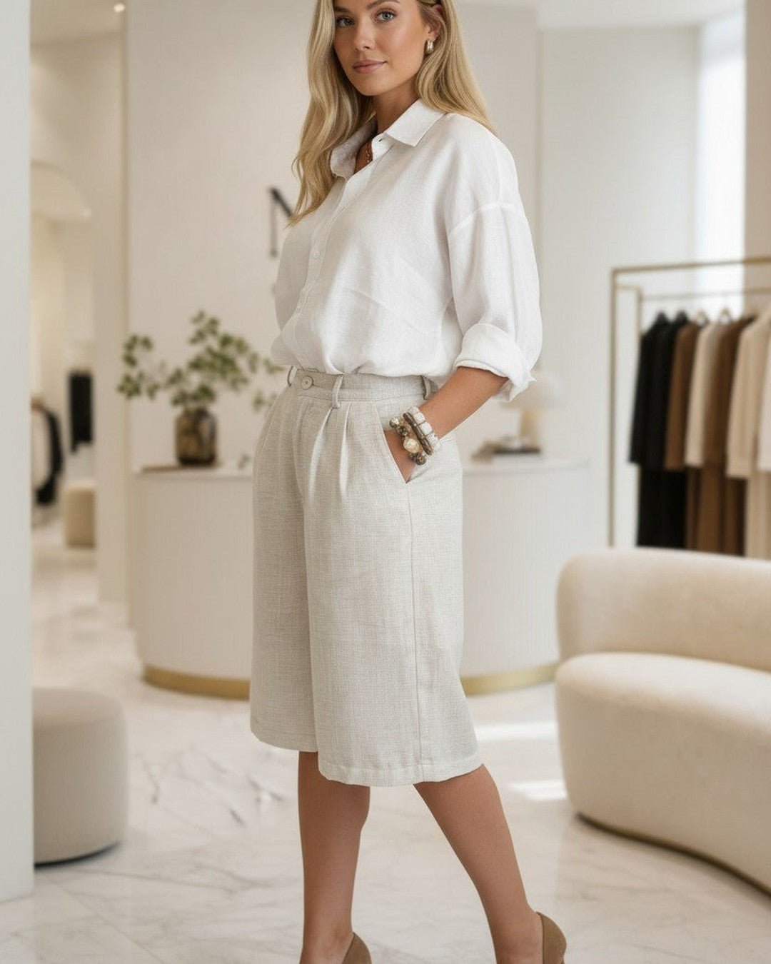 Bermuda en Lin Beige Femme - Modèle LINEN - NAC Collection