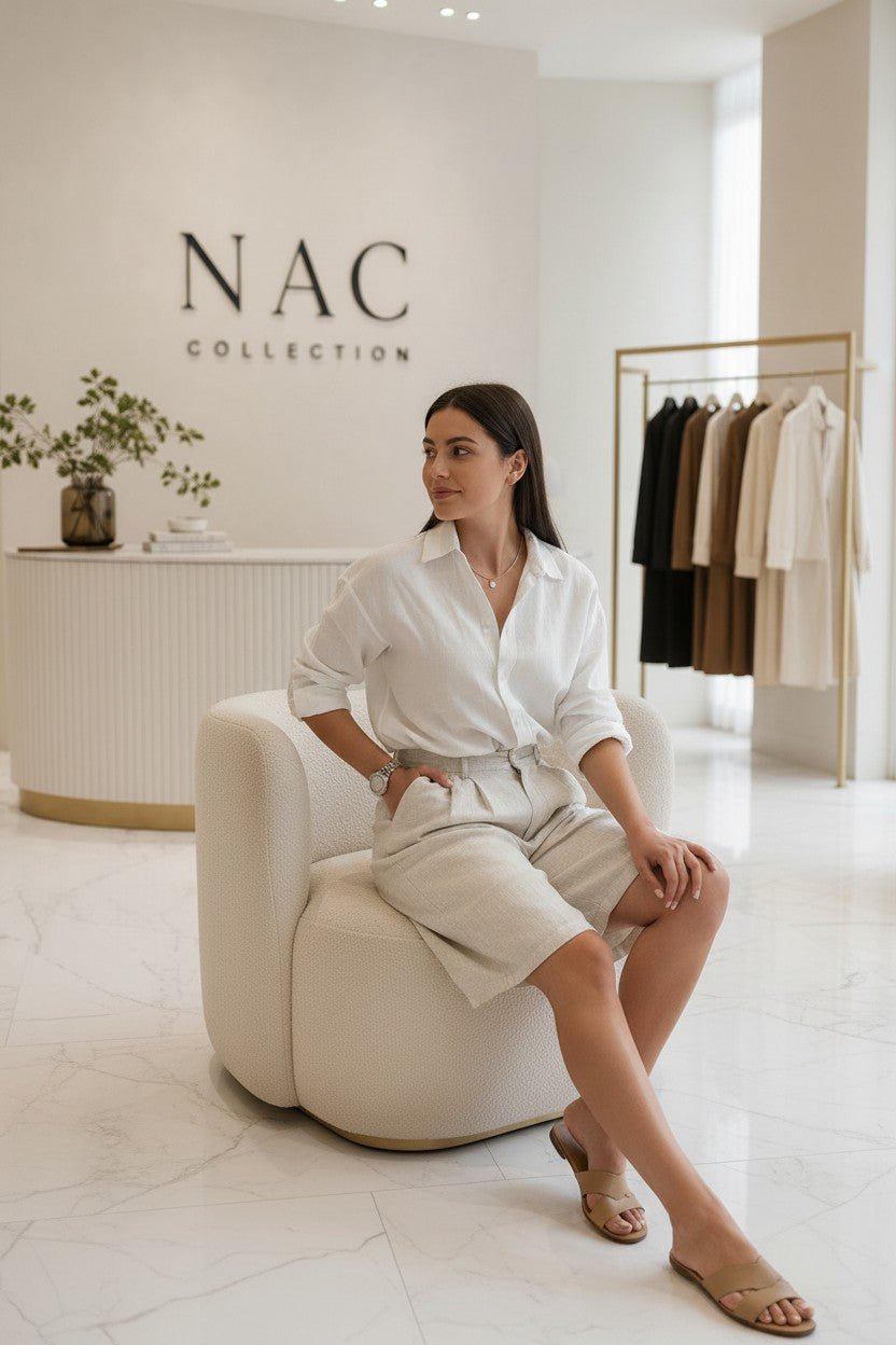 Bermuda en Lin Beige Femme - Taille Haute Plissée - Coupe Ample Élégante - NAC Collection