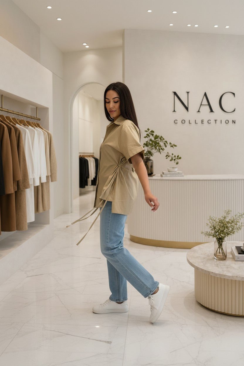 Chemise Oversize Beige Manches Courtes - Cordons de Serrage Taille - Coupe Fluide - NAC Collection