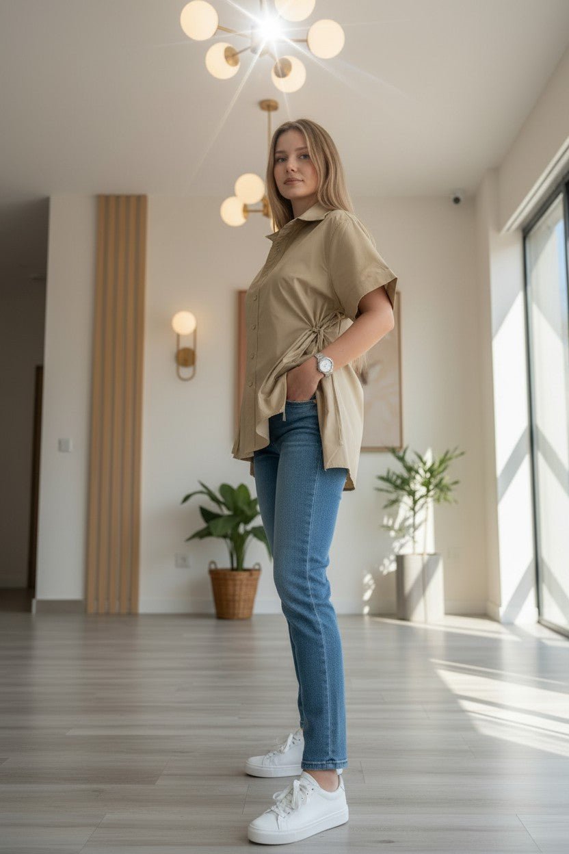 Chemise Oversize Beige Manches Courtes - Cordons de Serrage Taille - Coupe Fluide - NAC Collection