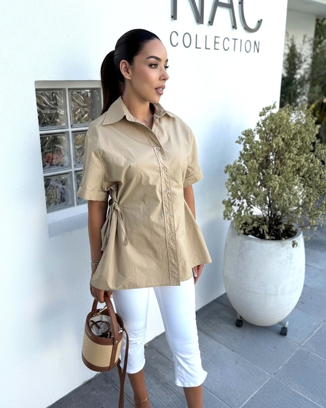 Chemise Oversize Beige Manches Courtes - Modèle SAND - NAC Collection