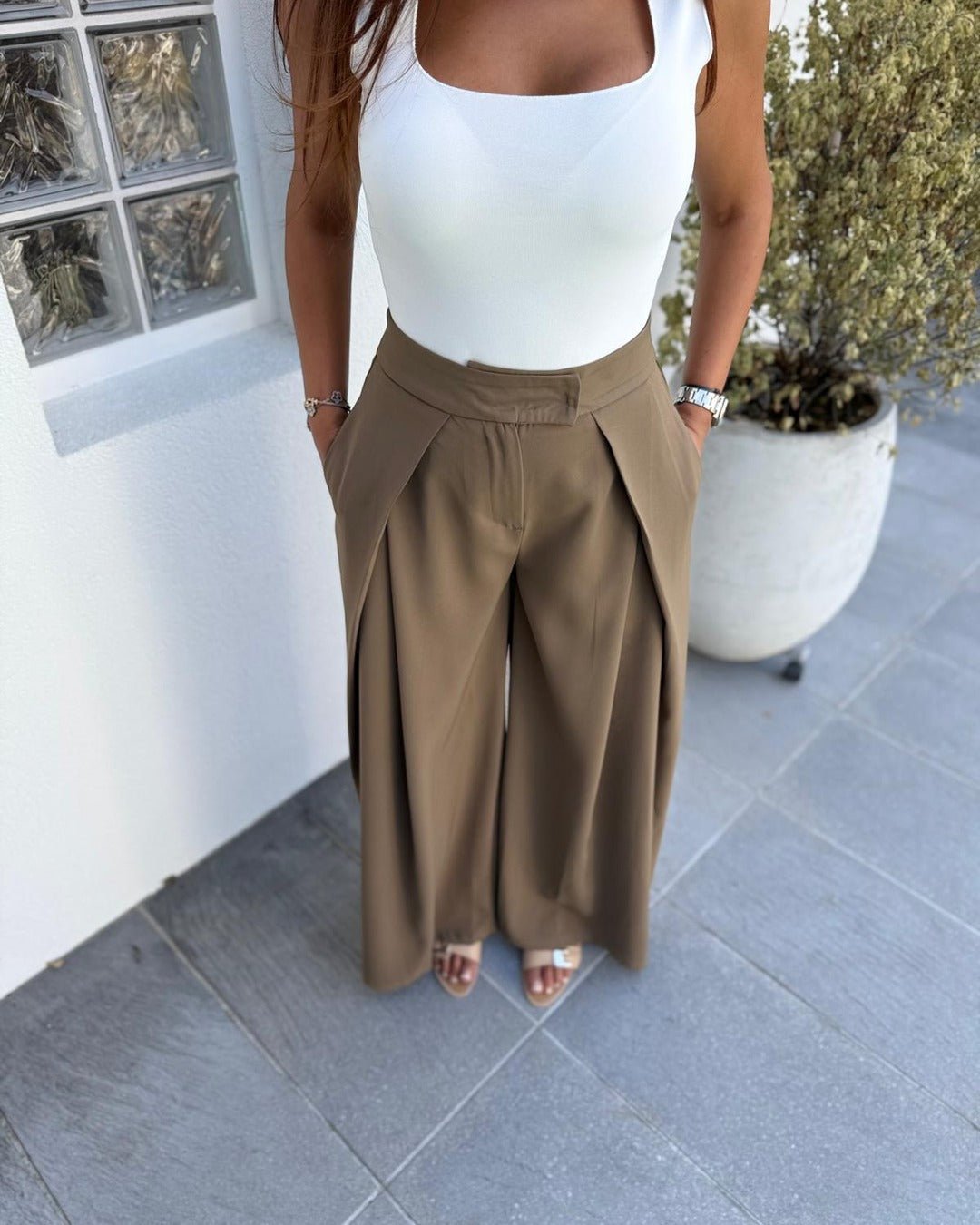 Pantalon large à plis taille haute kaki - Modèle PLEAT - NAC Collection