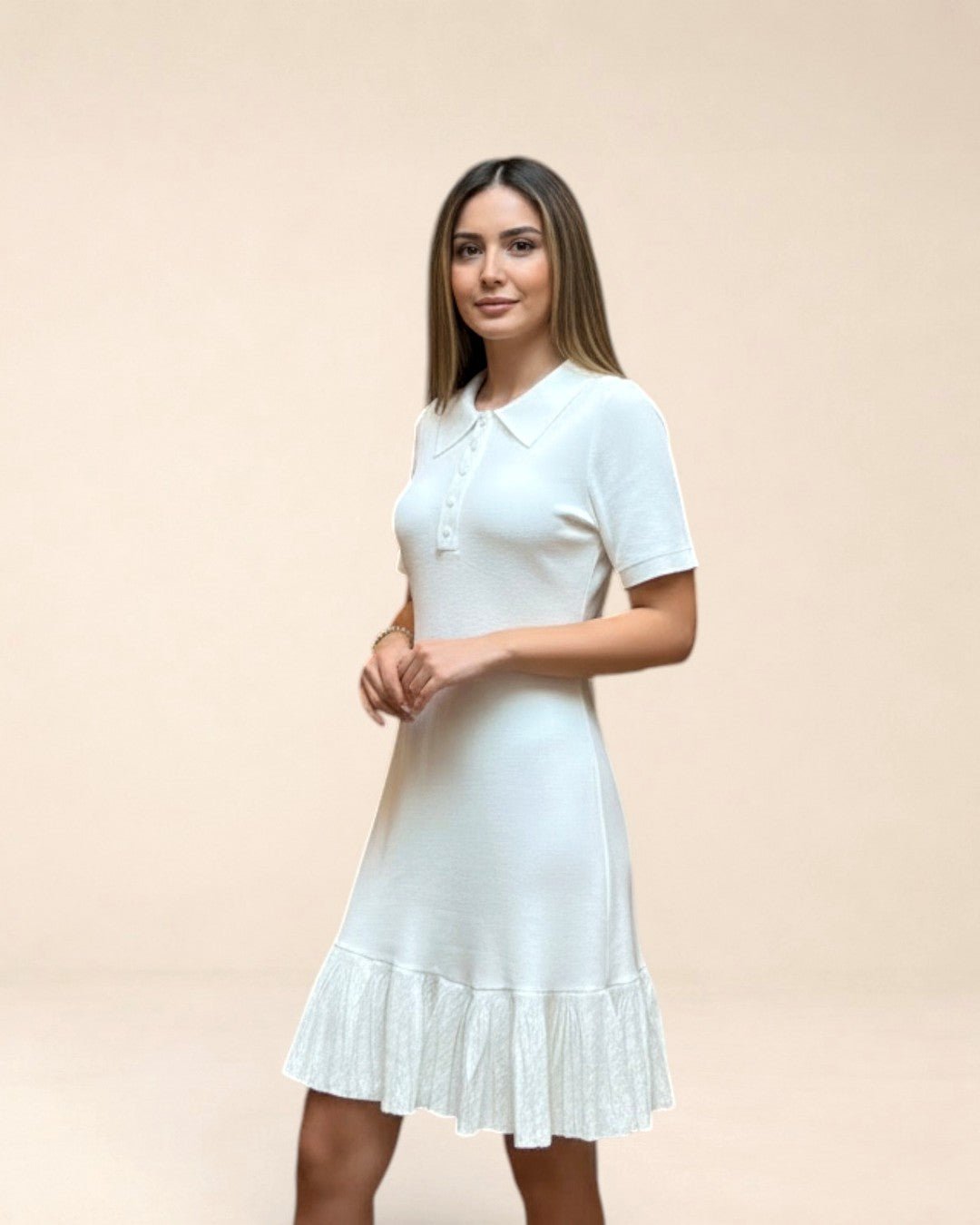 Robe maille polo blanche évasée. Modèle PERLE - NAC Collection