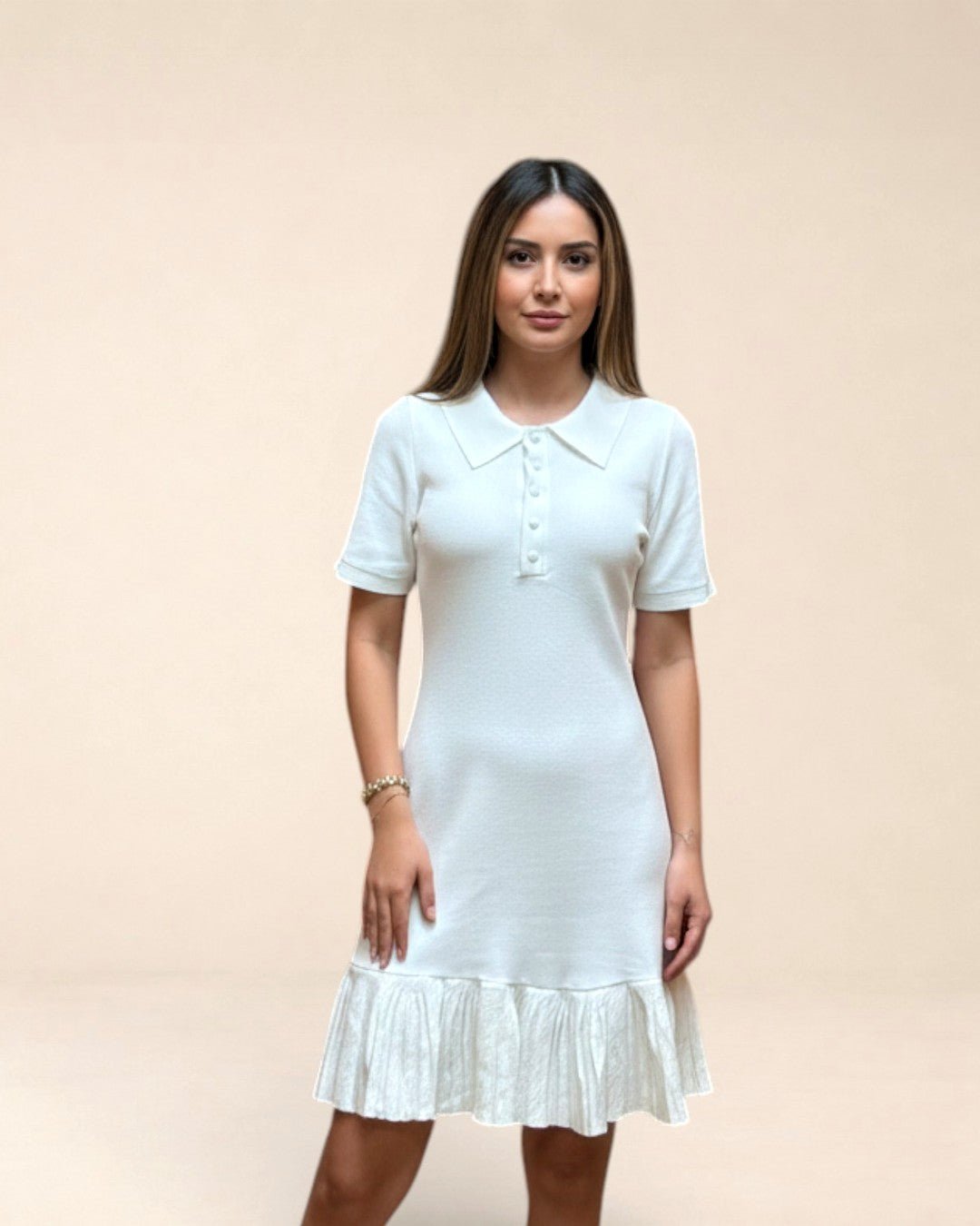 Robe maille polo blanche évasée. Modèle PERLE - NAC Collection