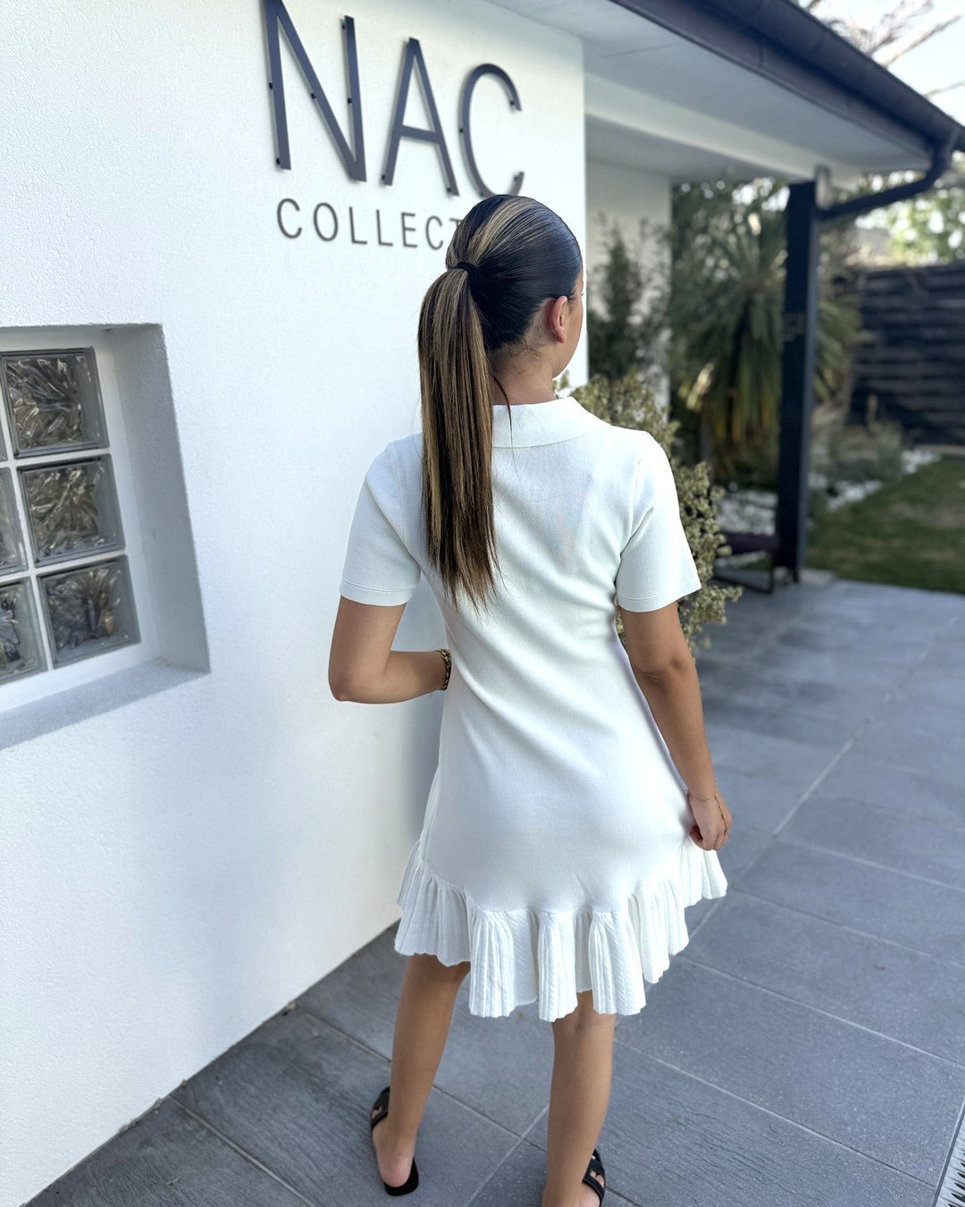 Robe maille polo blanche évasée. Modèle PERLE - NAC Collection