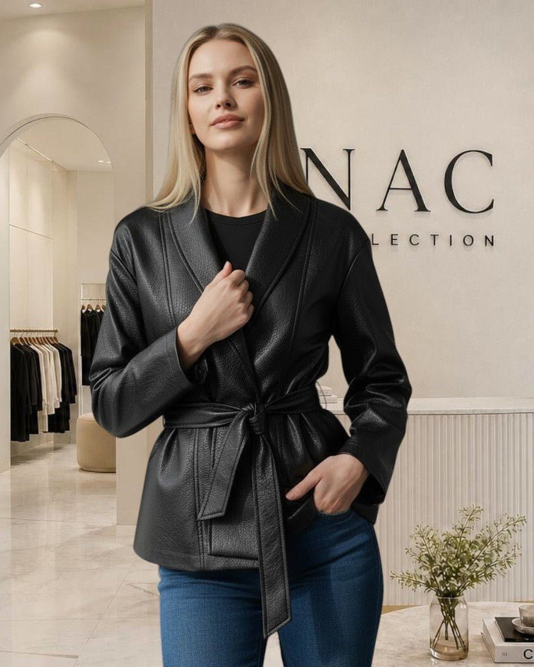 Veste effet cuir ceinturée : élégance urbaine assurée - Modèle URBAN - NAC Collection